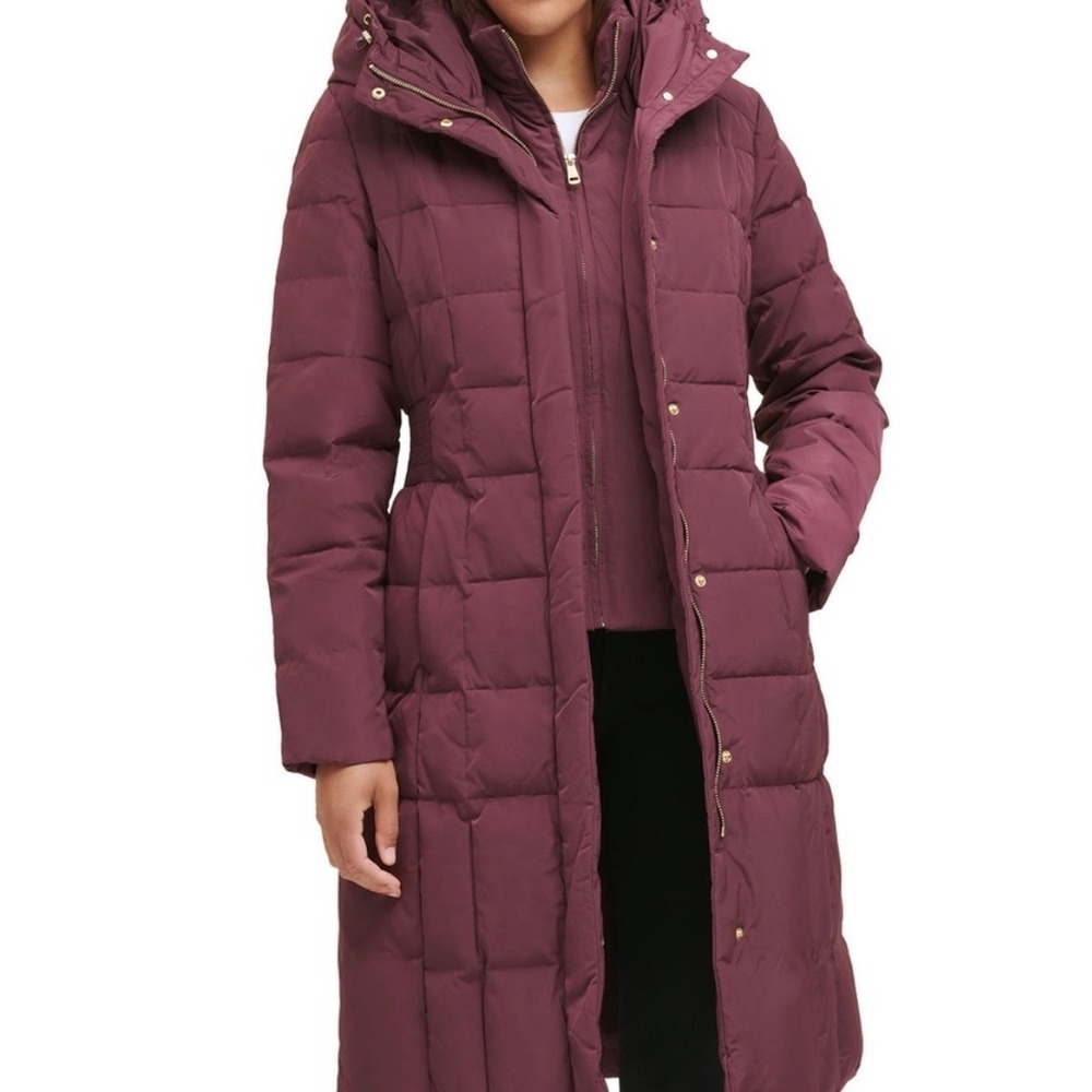 Cole Haan Womens Burgundy Down Quilted Long Puffer Parka Coat M Hooded